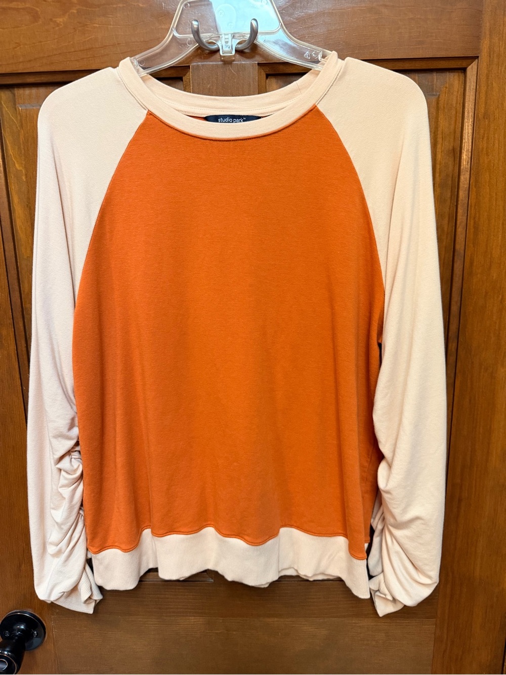 Studio Park Orange and Cream Gathered arms Long-Sleeve Top
